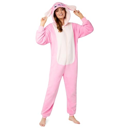 Disney Pijama Entero Mujer - Pijama de Una Pieza de Stitch, Minnie, Malefica y Igor - Stitch Regalos - Tallas S a la XXL (Rosa Ángel,L)