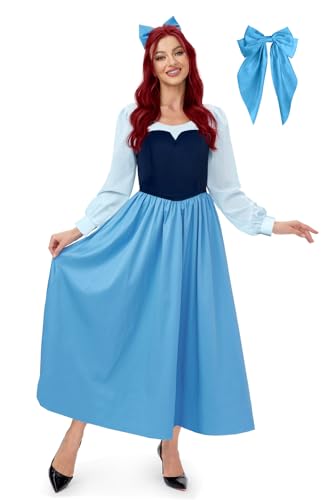 Maisolly Women Halloween Arie Mermaid Costume Princess Cosplay Lace Trim Long Dress with Blue Bow M