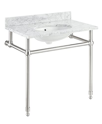 Anzzi Verona 34.5 In. Console Sink In Brushed Nickel With Carrara White Counter Top | Retro Console Bathroom Durable Carrara White Stone Sink With Stainless Steel Metal Legs Stand | Cs-Fgc004-Bn #TOP9