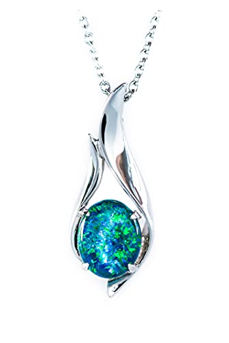 Genuine Opal Necklace - 11x9mm Authentic Australian Natural Triplet Opal Necklace Pendant in 925 Sterling Silver Gold Plated Women s Jewelry (Green Blue)