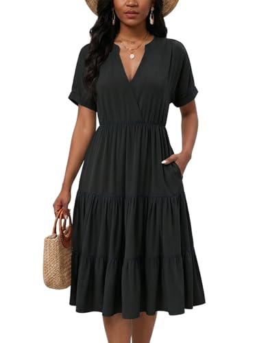 Image of PerZeal Women's Casual Tiered Midi Dress with Pockets - V Neck Short Sleeve Elastic Waist Ruffle Summer Dress for Daily Wear
