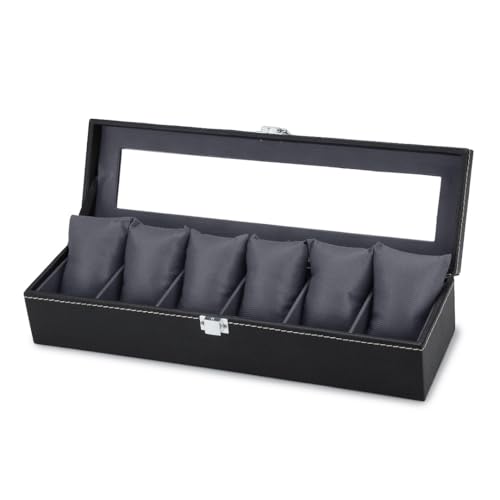 Image of Watch Box Organizer for Men and Women, 6 Slots, Leatherette, Black, Gift Box (Black::Grey)