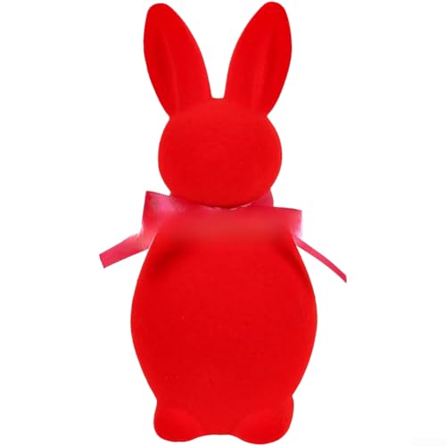 Figura de conejo de Pascua flocado con acento de lazo para decoración de temporada para el hogar, jardín, vacaciones (rojo grande)