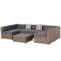 Outsunny 7-Piece Patio Furniture Set, Outdoor Wicker Conversation Set, All Weather PE Rattan Sectional Sofa Set with Cushions and Faux Wood Table, Stripe Pillows, Gray