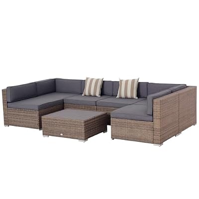 Outsunny 7-Piece Patio Furniture Set, Outdoor Wicker Conversation Set, All Weather PE Rattan Sectional Sofa Set with Cushions and Faux Wood Table, Stripe Pillows, Gray