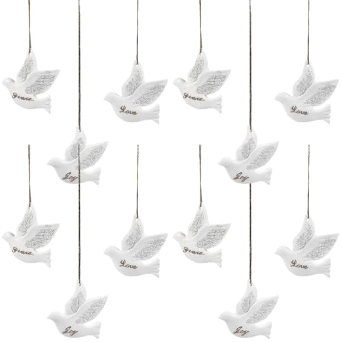 Fun Express Vintage Christmas Ornaments White Dove Set of 12 - Peace Love Joy Resin Bird Ornaments for Christmas Tree Decorations | Traditional Holiday Decor for Home & Gift Giving