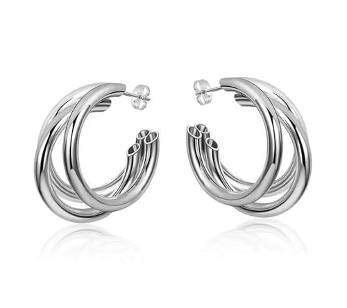 Pendientes para mujer, Aros grandes Ear Cuff Clips Diseño Circular Grueso sin Agujero, Acero Inoxidable, Dorado y Plateado, Chunky rings (Triple Aros Plateado)