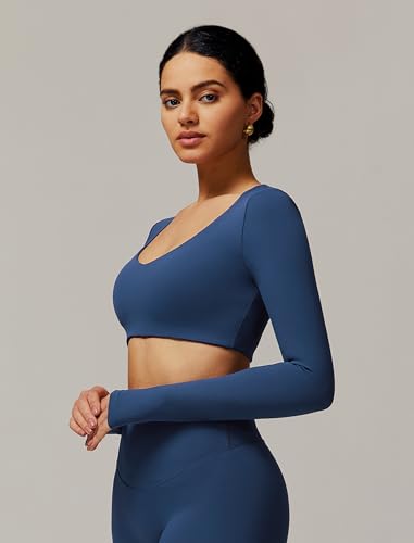 Image of ABOCIW Women Square Neck Long Sleeve Workout Crop Top Low Medium Impact Athletic Yoga Gym Shirts with Built in Bra(ONLY TOP)
