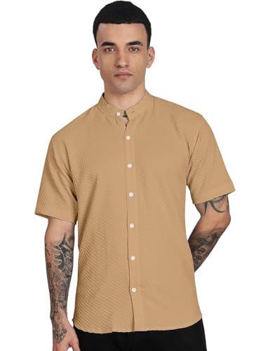 Image of Men's Regular Fit Solid Casual Shirt - Short Sleeve, Mandarin Collar, Lightweight Polyester, Stylish Everyday Wear