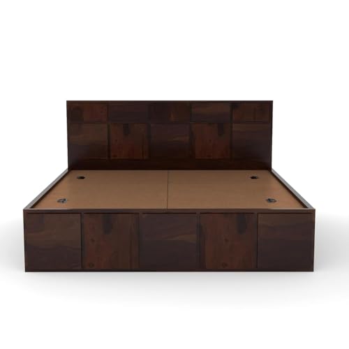 Image of Solid Sheesham Wood King Size Bed with Storage | Modern Wooden Bed with Box Storage | Strong Durable Bed Frame with Designer Headboard | Ideal for Bedroom Home & Hotel (Walnut Finish)