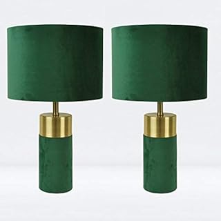 firstchoicelighting Pair of Green Velour with Antique Brass Detail Table Lamps or Bedside Lights Modern Velvet Design Lamps Height 40cm LED Compatible