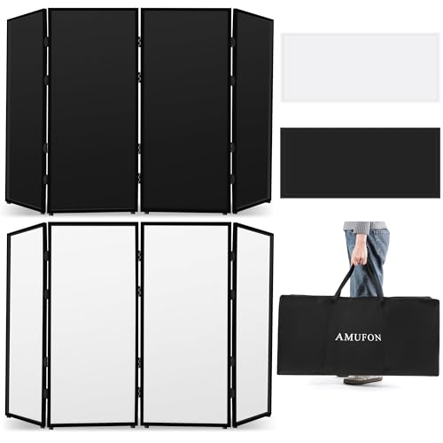 AMUFON DJ Facade Booth, DJ Stand Portable Event Cover Screen with Foldable 4 Detachable Metal Frame Light Projector Display Scrim Panel Stand with Carry Bag for Party,Show,Gathering(White and Black)