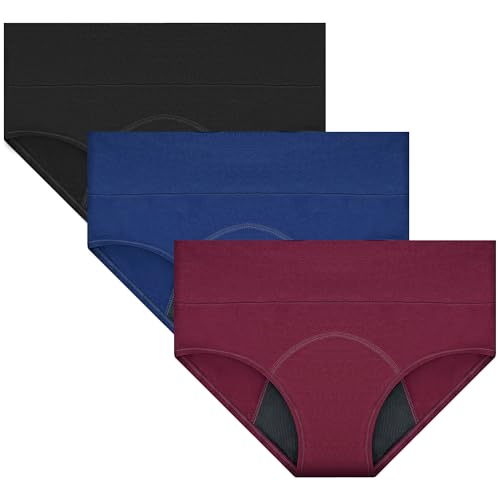 RFOGJV Period Pants for Women Heavy Flow High Waist Leakproof Menstrual Period Underwear Mesh Breathable Extra Protective Postpartum Panties Pack of 3,Black&Blue& Red,M
