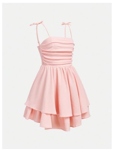 Image of SHENHE Girl's Smocked Ruched A Line Swing Dress Layered Tie Shoulder Flowy Cami Short Dress