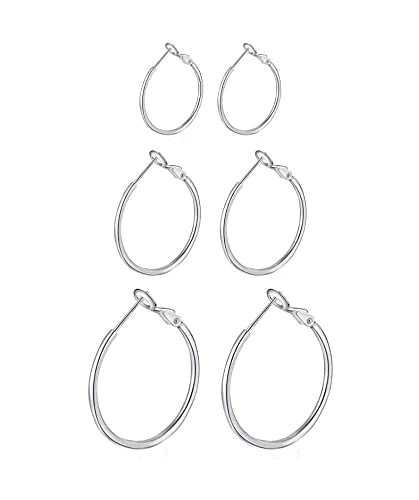 3 Pairs Sterling Silver Hoop Earrings - 14k White Gold Plated Hoop Earrings Big Hoop Earrings Set Silver Hoop Earrings for Women Girls Gifts 20mm 30mm 40mm