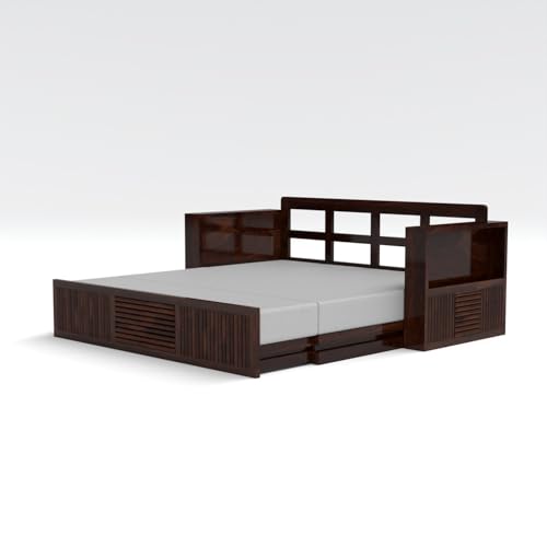 Image of Kunjal Furniture Solid Sheesham Wood Sofa Cum Bed with Storage for Living Room | Natural Finish | 3-Seater Convertible Sofa Bed | Handmade Wooden Furniture (Walnut, Europian)