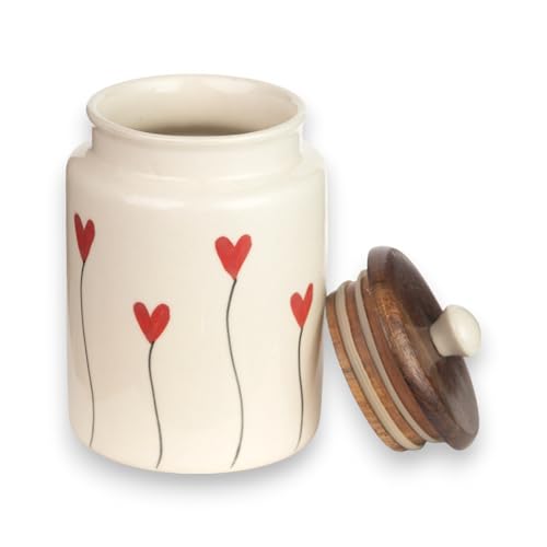 Image of Airtight Ceramic Jars (Pack of 2) - 900ml Each - Wooden Lid - Kitchen Containers for Sugar, Tea, Salt, Pickles, Pulses & More (Red Heart Lines)