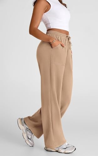 Image of Q - RIOUS Women's Wide Leg High Waisted Baggy Lounge Sweat Pants Drawstring Athletic Flared Joggers with Pockets