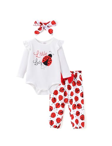 Baby Girl Clothes 12-18 Months, Lady Bug Print, Infant Girl Clothes Long Sleeve Ruffle Romper Pants With Bowknot Headband 3 Piece Set Preemie Clothes Newborn Outfits Spring Outfits
