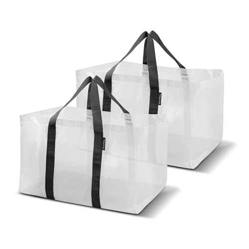 CleverMade Reusable Grocery Bag XXL 76L, Heavy Duty Storage Basket Tote 2-Pack, Extra Large Utility Shopping Bags with Handles, Open Top Bag, Laundry, Storage, Delivery, Beach Tote, Transparent