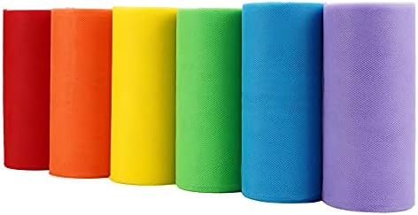 MEEDEE Rainbow Tulle Ribbon 6 Colors Roll Tulle Fabric Rainbow Spool Ribbon for Tutus Wedding Decorations Party Decorations Gift Wrapping Skirt Dress (6 inch by 25 Yards/Roll)