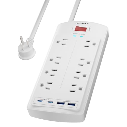 8-Outlet Surge Protector Power Strip, POWSAF 5Ft Flat Plug Extension Cord with 2 USB-C (PD 20W) Fast Charging Ports and 2 USB-A Ports for Home, Office, 2700 Joules, ETL, White