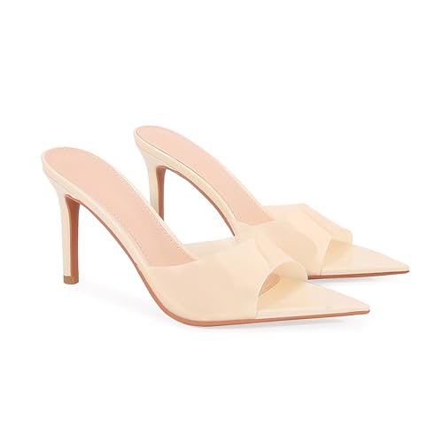 RYNKOMA Women'S Clear Pointed Open Toe Stiletto Heel Slide Sandals Fashion Sexy Slip On Transparent Strap High Heels Mules Summer Backless Party Wedding Prom Dress Shoes (Apricot,10)