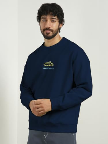 Image of Nobero Men's Graphic Printed Oversized Sweatshirt | Cotton Rich Fleece Round Neck Pullover | Relaxed Fit Casual Winter Wear for Men