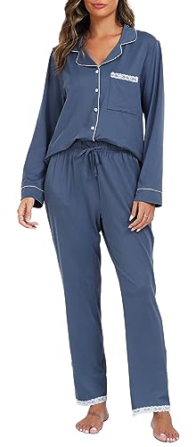 Vlazom Pigiami Due Pezzi Donna, Morbidi Set Pigiama da Donna Scollo a V Maniche Lunghe con Bottoni Set Pigiama da Notte,L,A-Grigio Blu