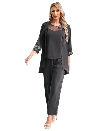 Alvivi Traje Elegante de Tres Piezas para Mujer Cárdigan de Fiesta Boda y Camisola y Pantalones Rectos de Gasa Ropa de Informal S-5XL Gris XL