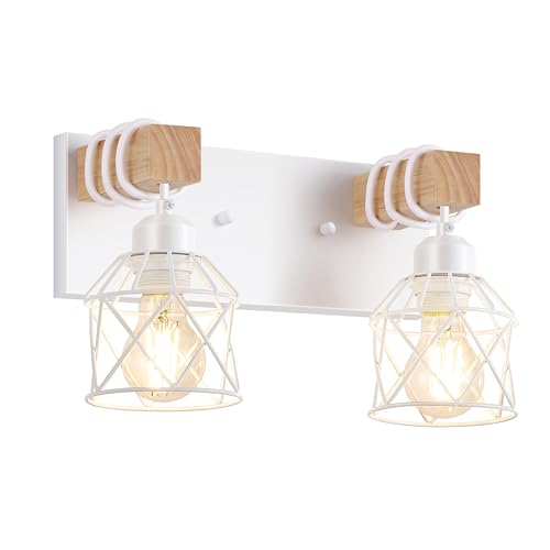 Image of FadimiKoo 2-Light White Bathroom Light Fixtures, Wood Bathroom Vanity Lighting Fixtures Over Mirror, Rustic Sconces Wall Lighting with Elegant Metal Lampshade for Living Room, Bedroom, Hallway