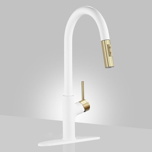 Product Image of the Achelous White and Gold Kitchen Faucet with Pull Down Magnetic Docking Sprayer,Stainless Steel Pull Out RV Kitchen Sink Faucets,Single Handle Deck Mount,Grifos De Cocina
