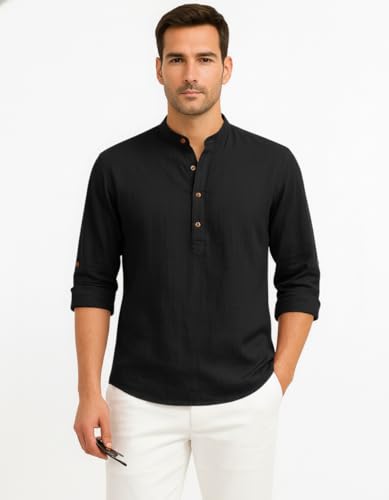 Image of Zombom Men's Cotton Blend Kurta Shirt with Full Sleeves Mandarin Collar Neck Solid Pattern for Men Regular Fit Ethnic Wear Casual Festive Top Modern Style | Cotton Shirt for Mens