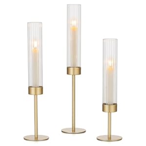 Hewory Gold Hurricane Candle Holders: Brass Candlestick Holders Set of 3 Tall Taper Candle Holders for Candlesticks Candle Sticks Holder Decor for Table Centerpiece Wedding Party Christmas Decorations