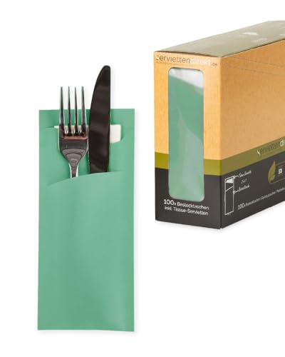 serviettendirekt.de ALLES FÜR DEN GEDECKTEN TISCH Bestecktasche Prime Fit in Eukalyptus 85 x 190 mm, mit weißer Tissue Serviette, Besteck Tasche 100...