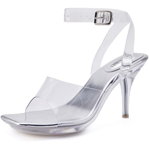 NBUUNBU Clear Heels for Women Sexy Transparent Strappy Ankle Straps Shoes Platform High Kitten Heel Slingback Square Toe Stiletto Comfortable Sandals Mules Pumps