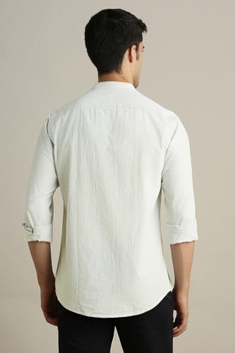 Image of Peter England Men's Casual Mandarin Collar Slim fit Full Sleeve Shirt in 100% Cotton Seersucker with Striped Design