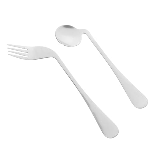 Hemobllo Ergonomic Curved Stainless Steel Fork and Spoon for Right Handed Seniors Lightweight Adaptive Self Feeding Utensils with Non Slip Textured Handles for Disabled and Elderly Users
