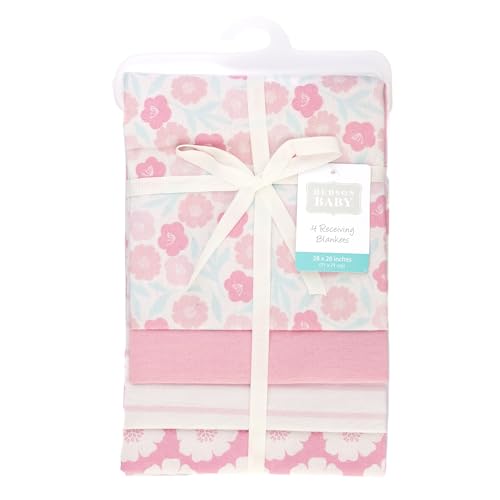Image of Hudson Baby Infant Girls Cotton Flannel Receiving Blankets 4-Pack, Pink Daisies, One Size