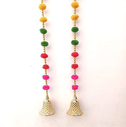 Image of DSCYENTES Pom Pom Door Side Hangings for Decoration, Ganesh Chaturti Decoration, Wall Hanging for Main Entrance,Temple Pooja Room, Stylish & Handmade Diwali Hanging (4 Feet, 2 Pc's)