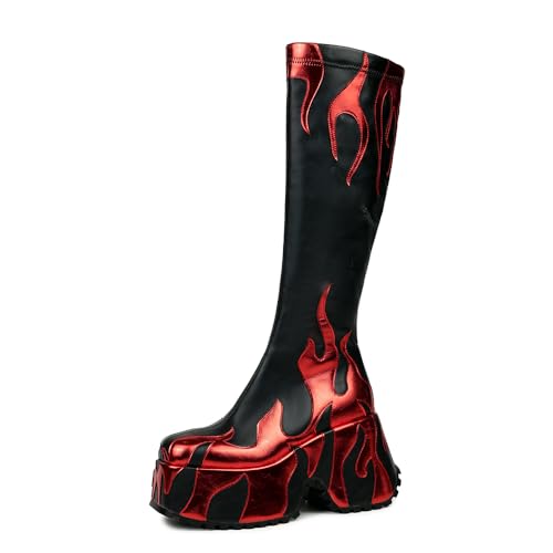 HiColor womens side zipper high heeled red Flames printing thick sole boots high boots round toe boots GOTH BOOTS PUNK PLATFORM BOOT Y2K FLAME SHOES
