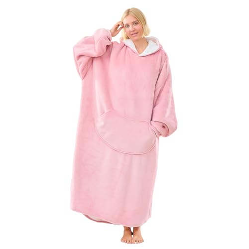 Oversized Blanket Hoodie for Women Thick Wearable Hooded Blanket Long for Adult Men with Pocket Pink