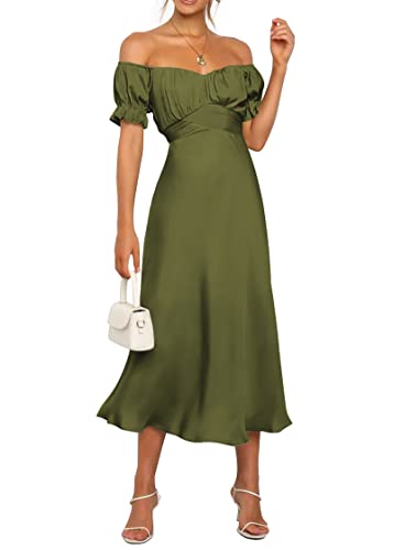 Image of KIRUNDO Women's Satin Summer Wedding Guest Cocktail Dress | 2026 Spring Fall Party Midi Dress, Silky, Elegant Off Shoulder Short Sleeve, Ruffle Mermaid Hem, Wrap Prom Formal Outfits