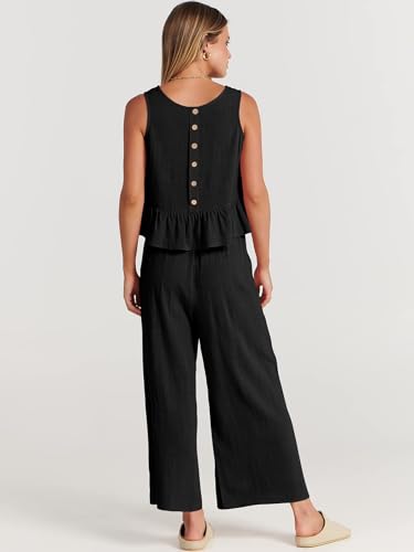 Women 2 Piece Linen Outfits Pantsuits 2024 Summer Casual Crewneck Ruffle Tank Crop Top Wide Leg Pants with Pockets2