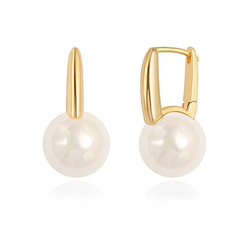 18K Gold Plated Leverback Hoop Handpicked White Shell Pearl Drop Dangle Earring for Women Minimalist Pearl Stud Ear Jewelry for Wedding Bridesmaids Gift
