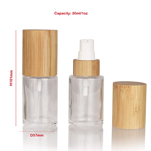 COSIDEA 6 pcs Empty 1oz / 30ml bamboo lids clear glass bottle with lotion pump dispenser, refillable emulsion cosmetic cream bottles, toiletries refill travel container2
