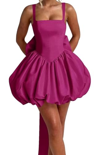 Kncpti Women's Homecoming Dresses with Bow Mini Causal Dress Short A-line Prom Dress Cocktail Evening Pary Gown Fuchsia XS