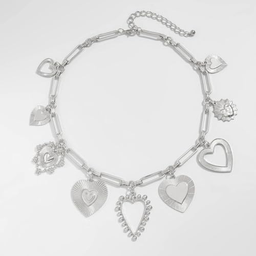 YOOESTORES82 Chunky Heart Pendant Charm Statement Necklace Gold Tone Layered Link Chain Necklaces for Women Romantic Trendy Jewelry Party Gift Glamorous Versatile 7