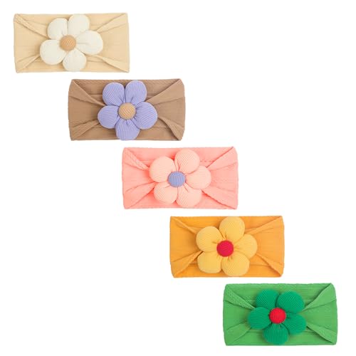 5 Pcs Baby Flower Headbands Nylon Baby Girl Headbands Soft Hairbands Hair Accessories for Newborn Infant Toddler Kids Baby Essentials(Beige Pink Khaki Yellow Green)2