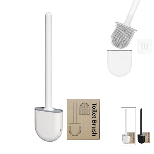 Escobilla de Baño Silicona Estándar | Cepillo Cerdas TPR Flexibles, Secado Rápido, Limpieza WC 360º | Incluye Soporte Escobillero Antigoteo, Montaje Pared (1 ud, Blanco)